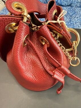 Red Pebbled Leather Drawstring Bucket Shoulder Bag with Gold Chain